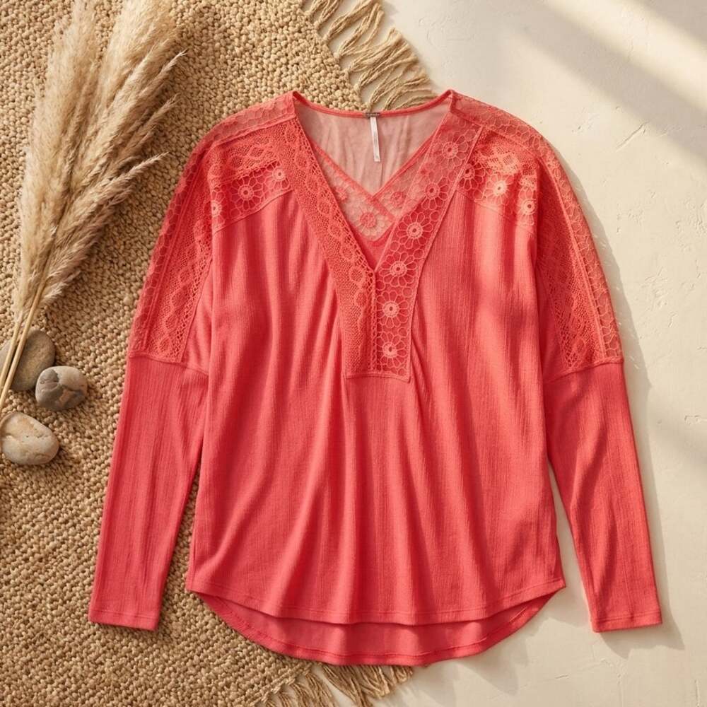 Free People Lola Rose Crimson Lace Trim Top - Size XS - Boho V-Neck -NWT